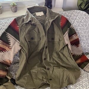 Olive Green Utility Jacket with Patterned Sleeves